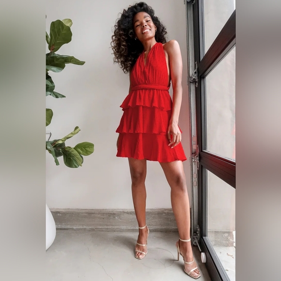 Lulus All About Bliss red Swiss dot tiered mini dress, size M, NWT - Picture 3 of 9